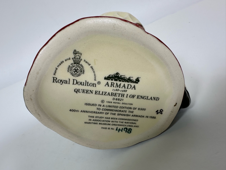 Vintage 1988 Limited Edition Royal Doulton Toby Mug 'Queen Elizabeth I Of England' Armada 1588-1988 Issued To Commemorate The 400th Anniversary Of The Spanish Armada In 1588 D6821 Made In England 4H [Photo 6]