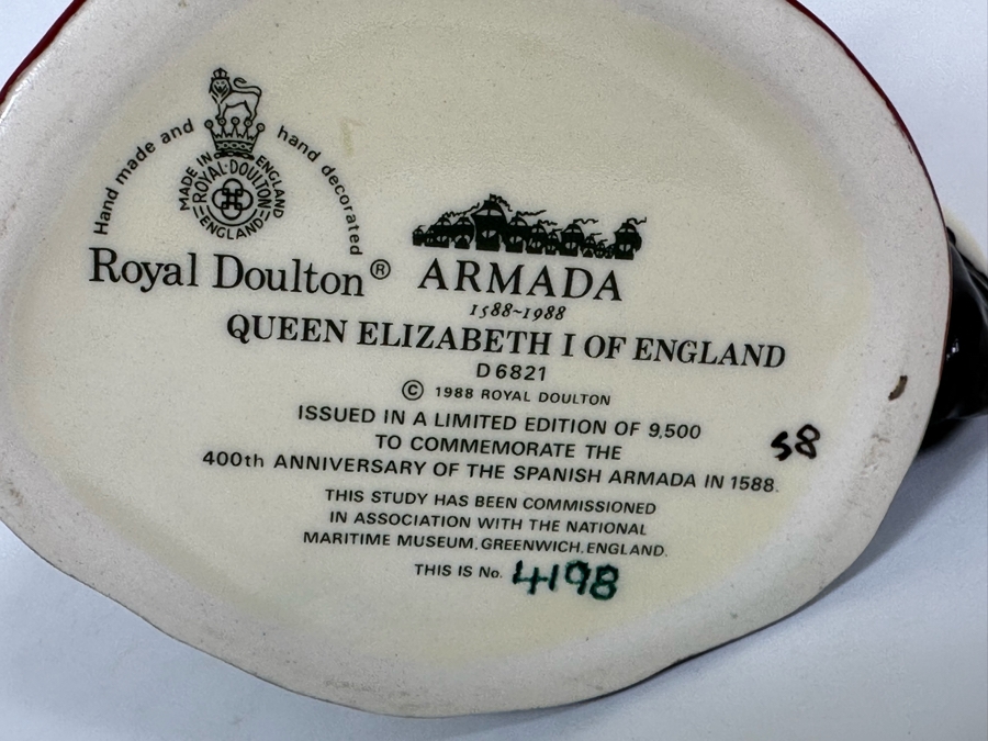 Vintage 1988 Limited Edition Royal Doulton Toby Mug 'Queen Elizabeth I Of England' Armada 1588-1988 Issued To Commemorate The 400th Anniversary Of The Spanish Armada In 1588 D6821 Made In England 4H [Photo 7]