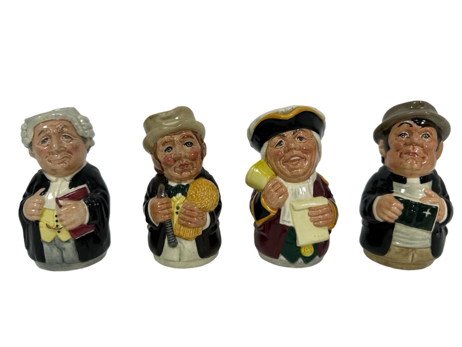 Vintage 1983 Royal Doulton Small Character Mugs From The Doultonville Collection: Mr. Litigate (The Lawyer) D6699, Mr. Furrow (The Farmer) D6701, Mr. Tonsil (The Town Crier) D6713 & Rev. Cassock (The Clergyman) Small Made In England 4H
