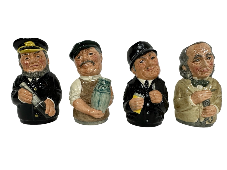 Vintage 1984 Royal Doulton Small Character Mugs From The Doultonville Collection: Capt. Salt (The Sea Captain) D6721, Sgt. Peeler (The Policeman) D6720, Dr. Pulse (The Physician) D6723 & Albert Sagger The Potter (Collectors Club) D6745 1985 4H