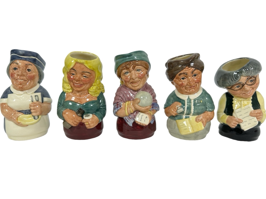 Vintage 1983 Royal Doulton Small Character Mugs From The Doultonville Collection: The Nurse D6700, The Barmaid D6716, The Clairvoyant D6714, The Librarian D6715 & The Schoolmistress D6722 1984 Made In England 4H