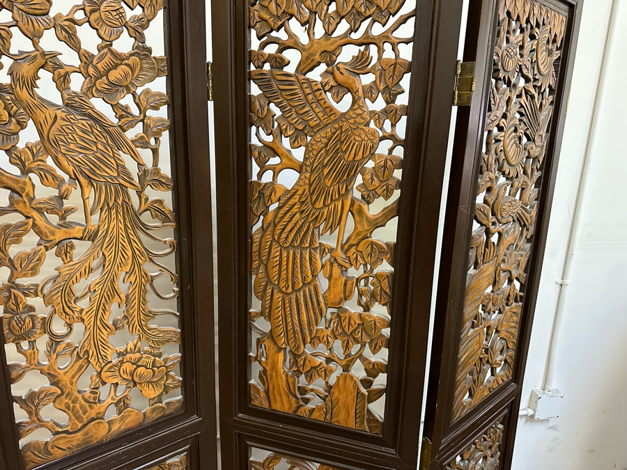 Vintage Wooden 4-Panel Relief Carved Peacock Bird Themed Floor Screen 72'W X 71.5'H [Photo 5]