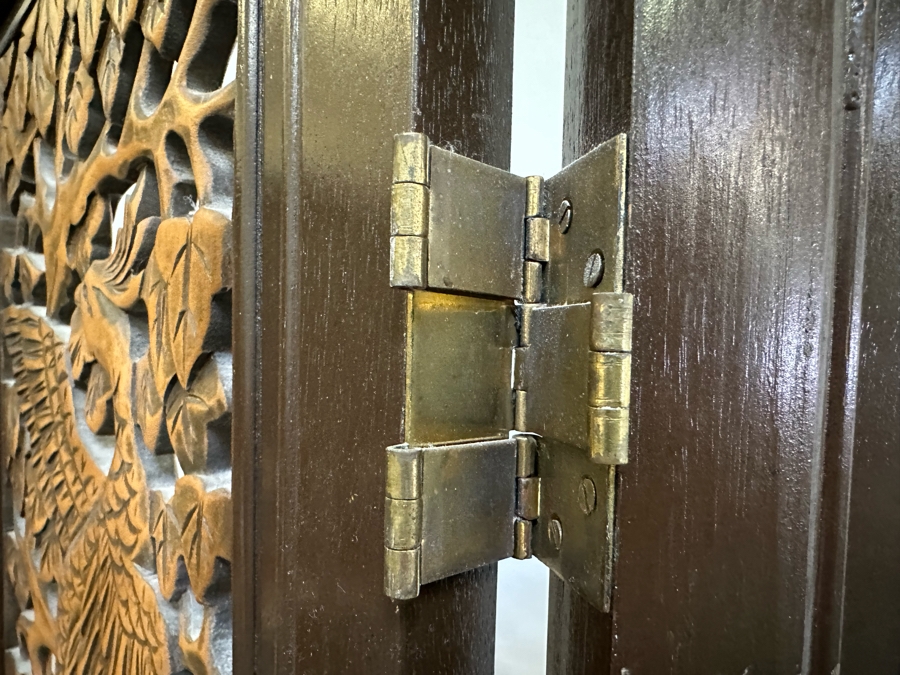 Vintage Wooden 4-Panel Relief Carved Peacock Bird Themed Floor Screen 72'W X 71.5'H [Photo 18]