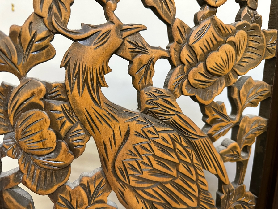 Vintage Wooden 4-Panel Relief Carved Peacock Bird Themed Floor Screen 72'W X 71.5'H [Photo 7]