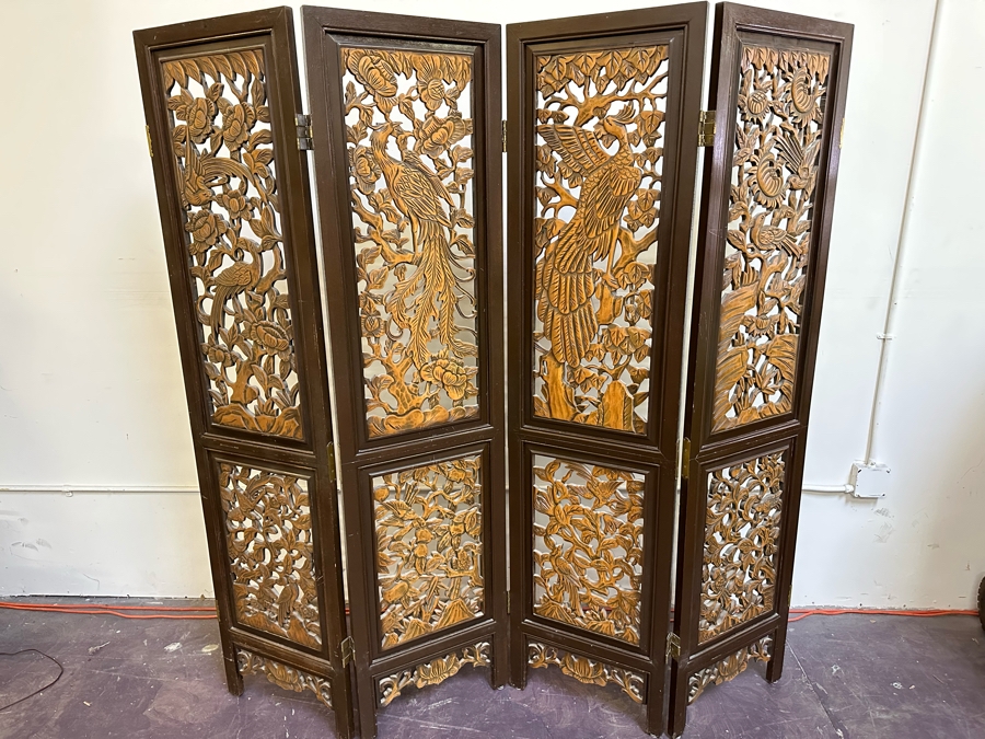 Vintage Wooden 4-Panel Relief Carved Peacock Bird Themed Floor Screen 72'W X 71.5'H [Photo 4]