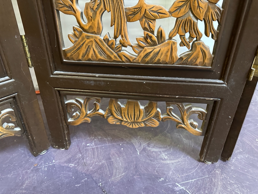 Vintage Wooden 4-Panel Relief Carved Peacock Bird Themed Floor Screen 72'W X 71.5'H [Photo 10]