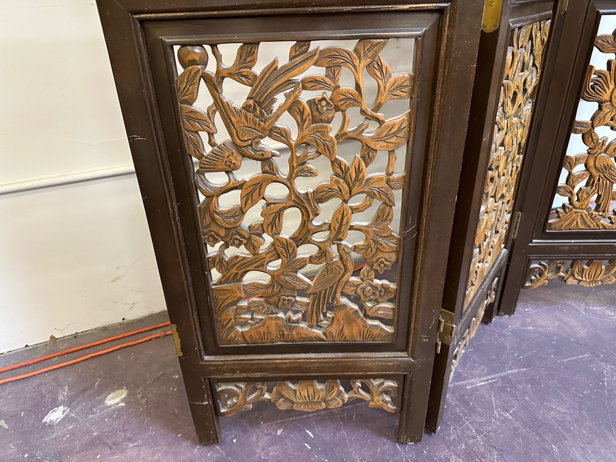 Vintage Wooden 4-Panel Relief Carved Peacock Bird Themed Floor Screen 72'W X 71.5'H [Photo 14]