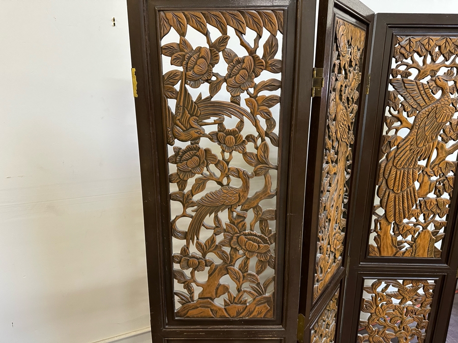 Vintage Wooden 4-Panel Relief Carved Peacock Bird Themed Floor Screen 72'W X 71.5'H [Photo 13]
