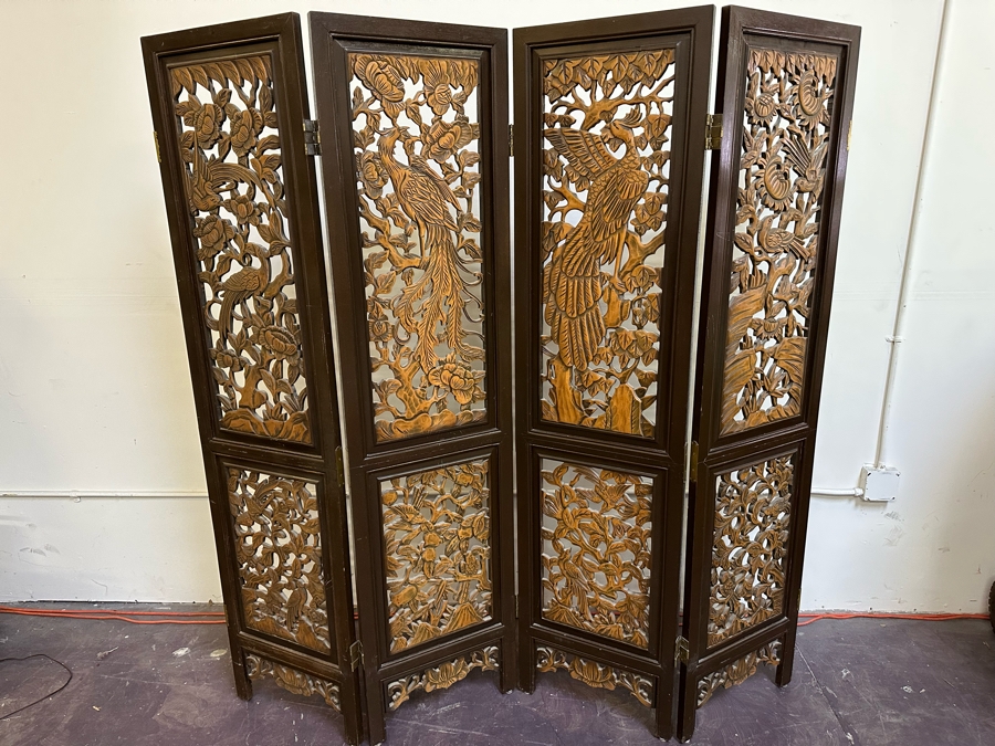 Vintage Wooden 4-Panel Relief Carved Peacock Bird Themed Floor Screen 72'W X 71.5'H [Photo 3]