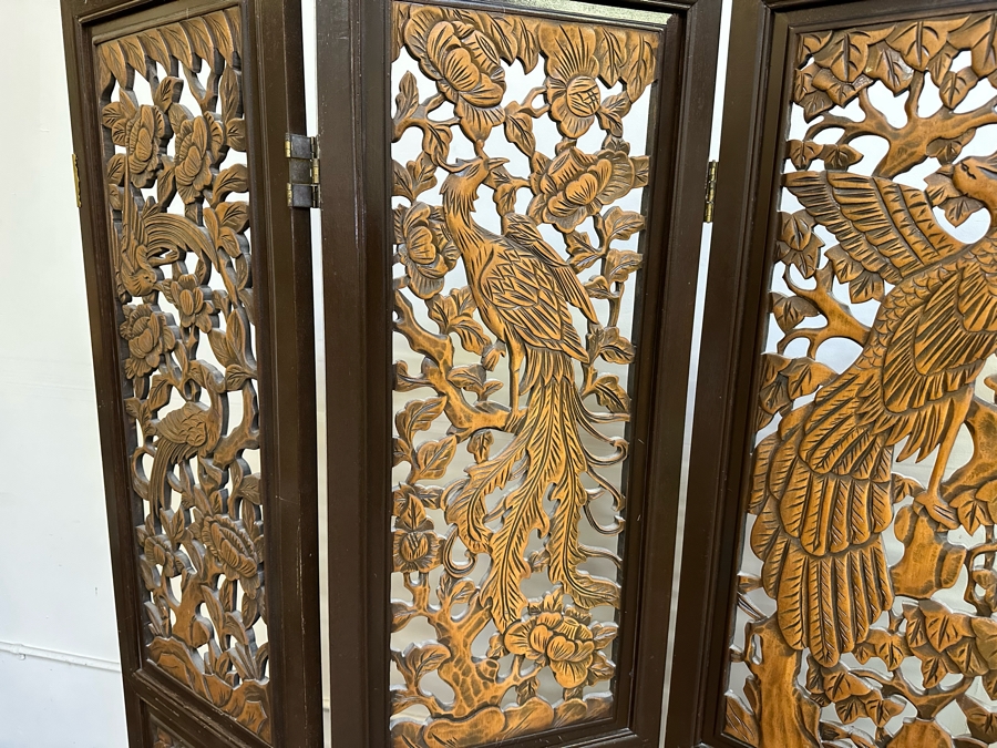 Vintage Wooden 4-Panel Relief Carved Peacock Bird Themed Floor Screen 72'W X 71.5'H [Photo 6]