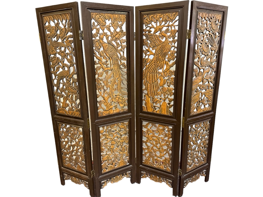 Vintage Wooden 4-Panel Relief Carved Peacock Bird Themed Floor Screen 72'W X 71.5'H [Photo 1]