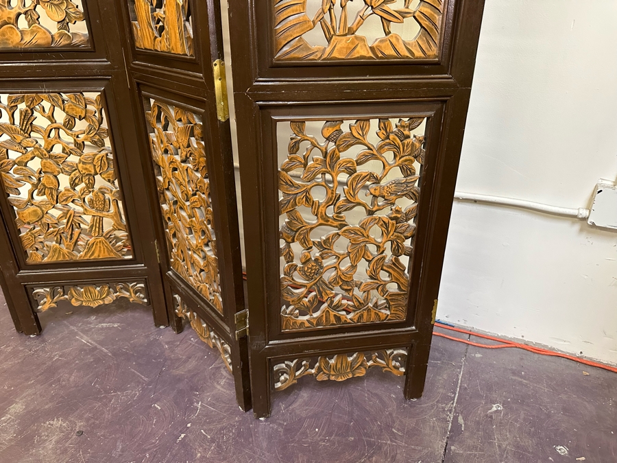 Vintage Wooden 4-Panel Relief Carved Peacock Bird Themed Floor Screen 72'W X 71.5'H [Photo 12]