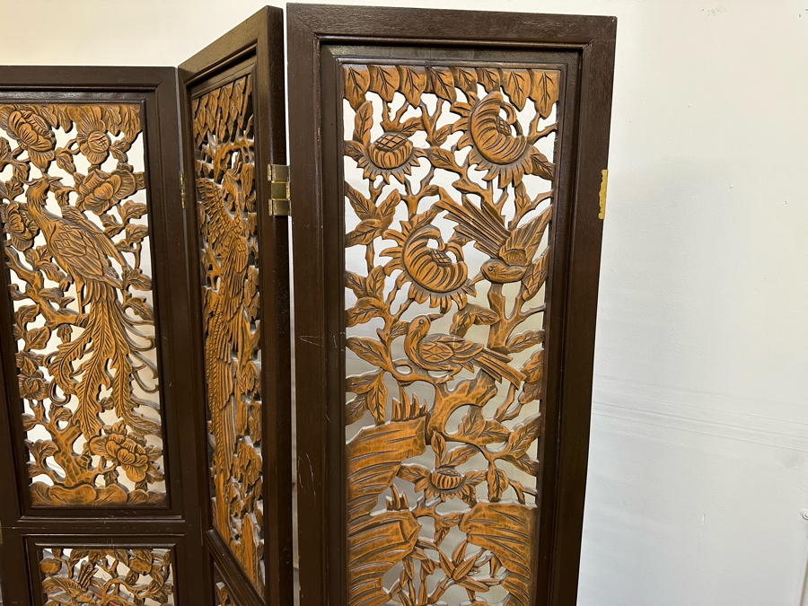 Vintage Wooden 4-Panel Relief Carved Peacock Bird Themed Floor Screen 72'W X 71.5'H [Photo 11]