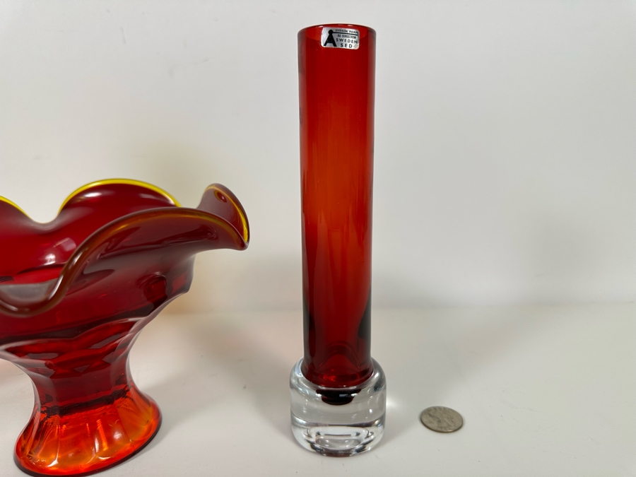 Mid-Century Glass Collection Includes: Svensk Form Bo Borgstrom Sweden Seda Vase 8H (R), Viking Art Glass Footed Candy Dish 5.5 (M) & Art Glass Vase (Blenko?) 10H [Photo 4]