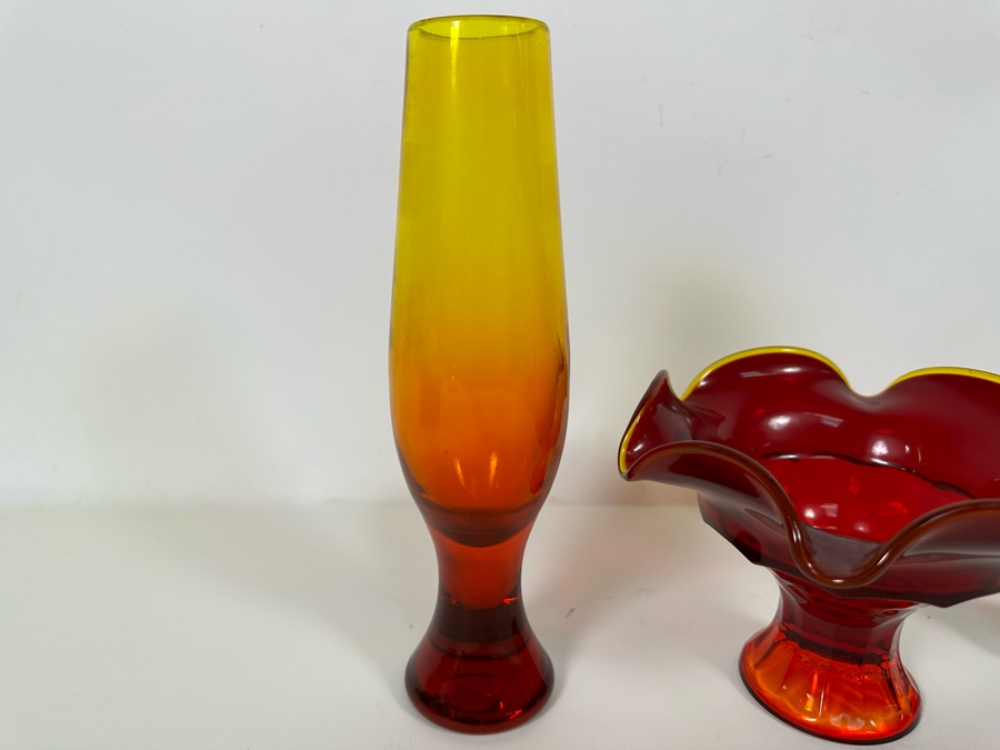 Mid-Century Glass Collection Includes: Svensk Form Bo Borgstrom Sweden Seda Vase 8H (R), Viking Art Glass Footed Candy Dish 5.5 (M) & Art Glass Vase (Blenko?) 10H [Photo 9]