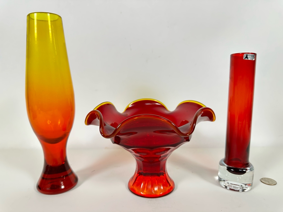 Mid-Century Glass Collection Includes: Svensk Form Bo Borgstrom Sweden Seda Vase 8H (R), Viking Art Glass Footed Candy Dish 5.5 (M) & Art Glass Vase (Blenko?) 10H [Photo 2]