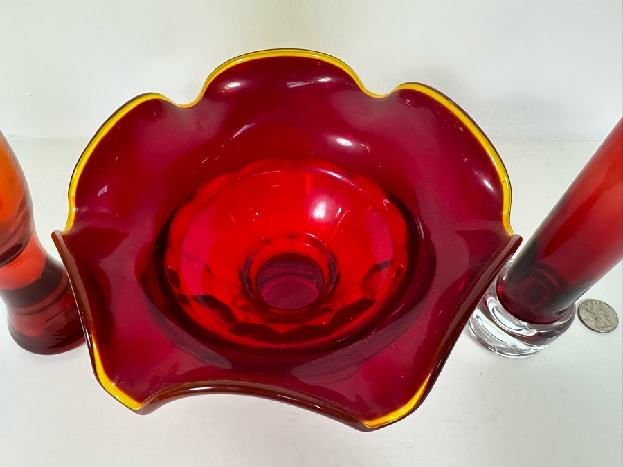 Mid-Century Glass Collection Includes: Svensk Form Bo Borgstrom Sweden Seda Vase 8H (R), Viking Art Glass Footed Candy Dish 5.5 (M) & Art Glass Vase (Blenko?) 10H [Photo 7]