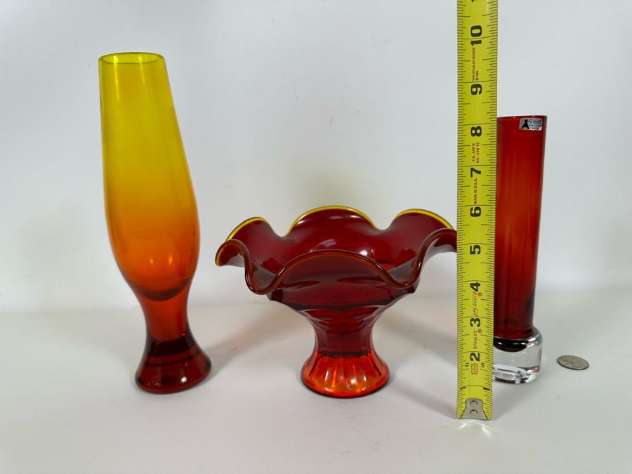 Mid-Century Glass Collection Includes: Svensk Form Bo Borgstrom Sweden Seda Vase 8H (R), Viking Art Glass Footed Candy Dish 5.5 (M) & Art Glass Vase (Blenko?) 10H [Photo 10]