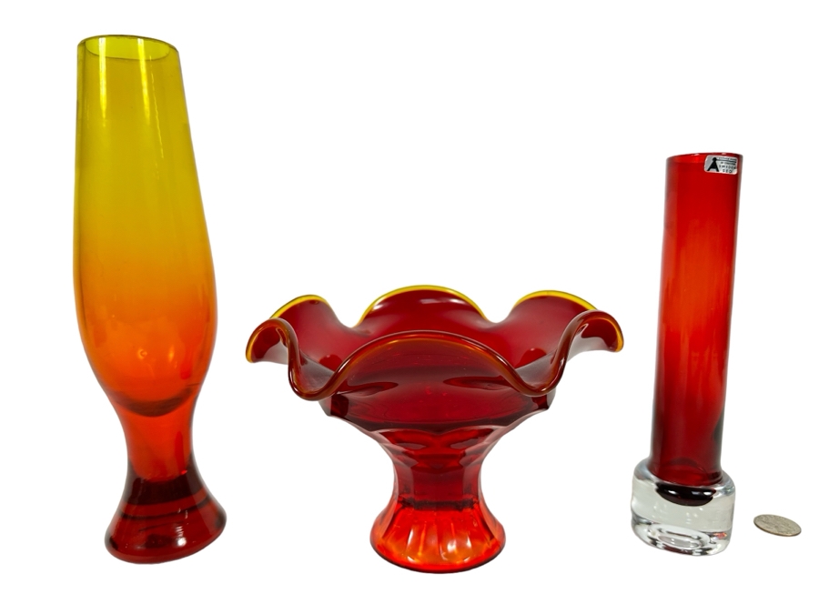 Mid-Century Glass Collection Includes: Svensk Form Bo Borgstrom Sweden Seda Vase 8H (R), Viking Art Glass Footed Candy Dish 5.5 (M) & Art Glass Vase (Blenko?) 10H