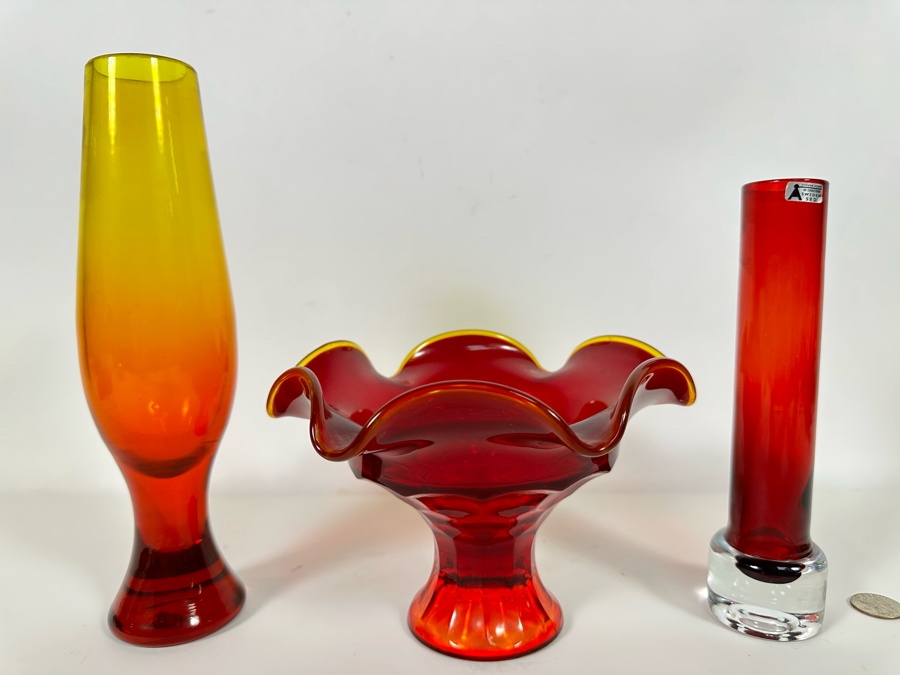 Mid-Century Glass Collection Includes: Svensk Form Bo Borgstrom Sweden Seda Vase 8H (R), Viking Art Glass Footed Candy Dish 5.5 (M) & Art Glass Vase (Blenko?) 10H [Photo 3]