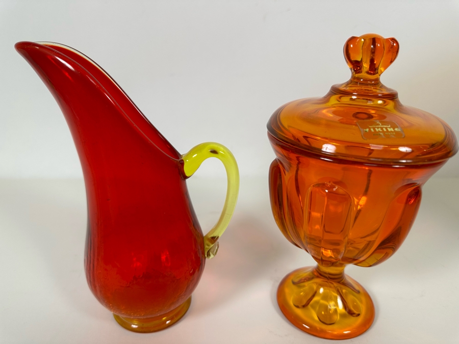 Vintage Mid-Century Glass Pitcher And Viking Orange Glass Footed Candy Dish With Lid 8H [Photo 3]