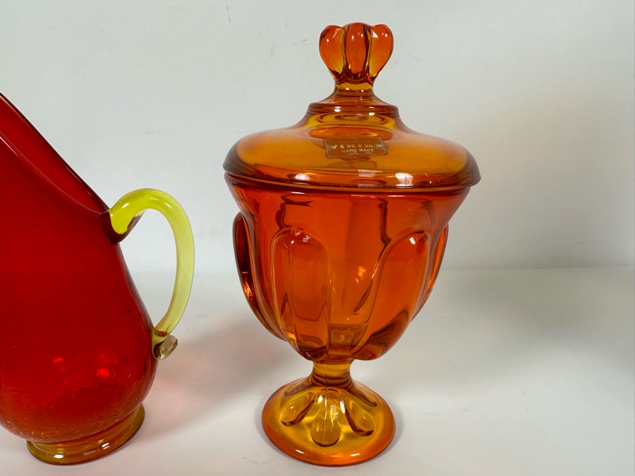 Vintage Mid-Century Glass Pitcher And Viking Orange Glass Footed Candy Dish With Lid 8H [Photo 7]