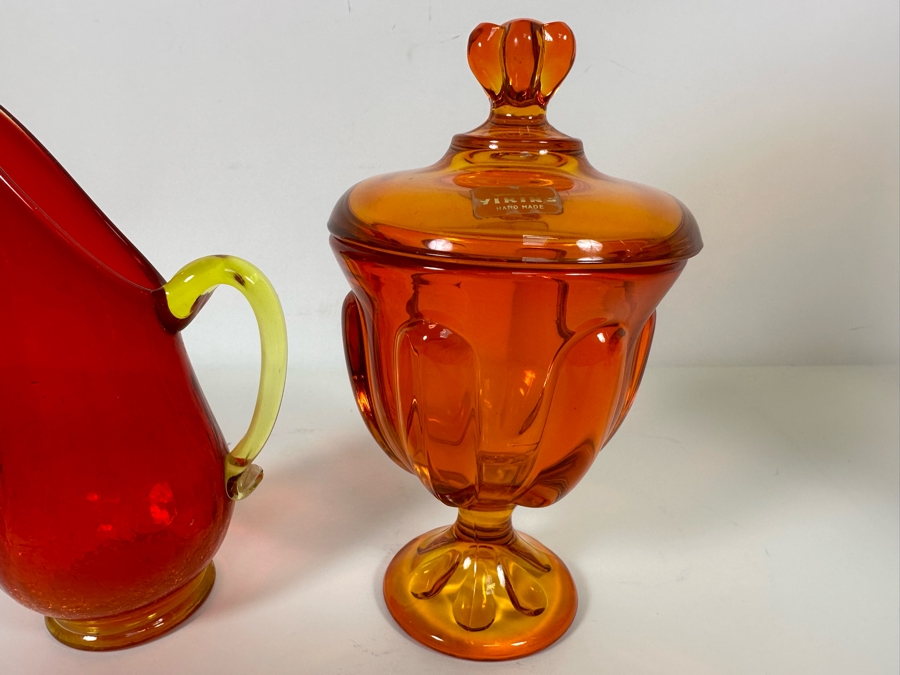 Vintage Mid-Century Glass Pitcher And Viking Orange Glass Footed Candy Dish With Lid 8H [Photo 4]