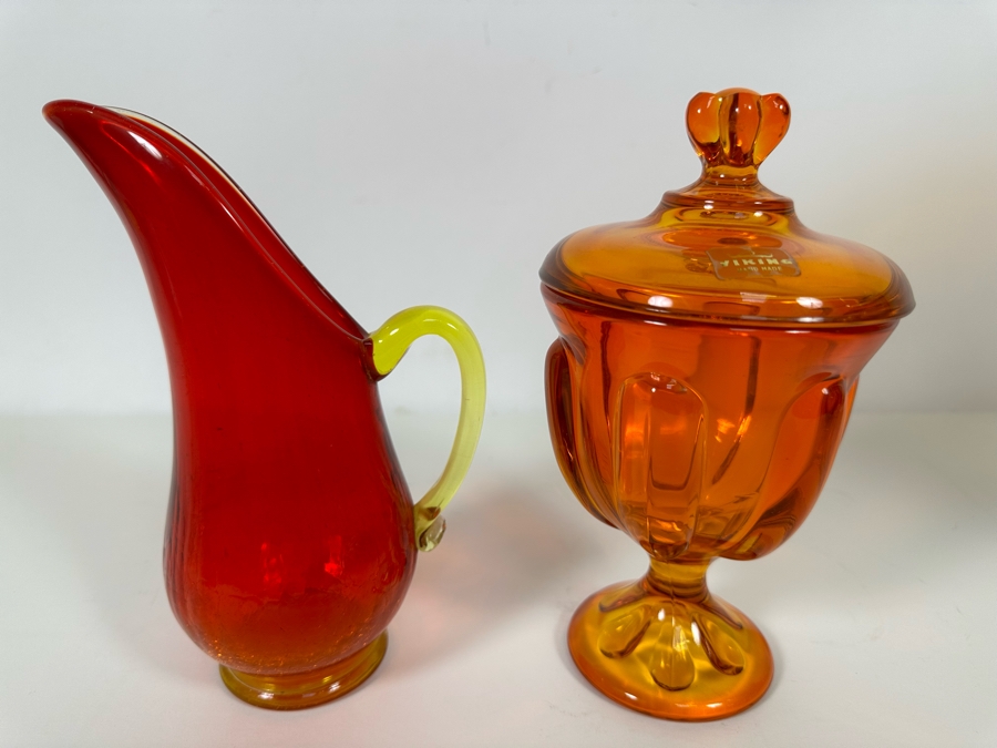 Vintage Mid-Century Glass Pitcher And Viking Orange Glass Footed Candy Dish With Lid 8H [Photo 5]