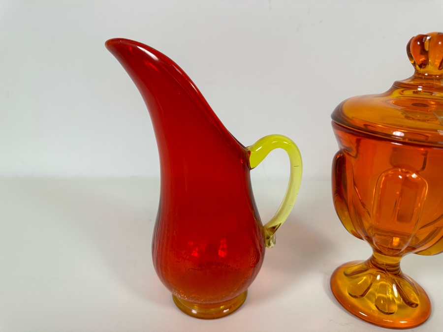 Vintage Mid-Century Glass Pitcher And Viking Orange Glass Footed Candy Dish With Lid 8H [Photo 8]