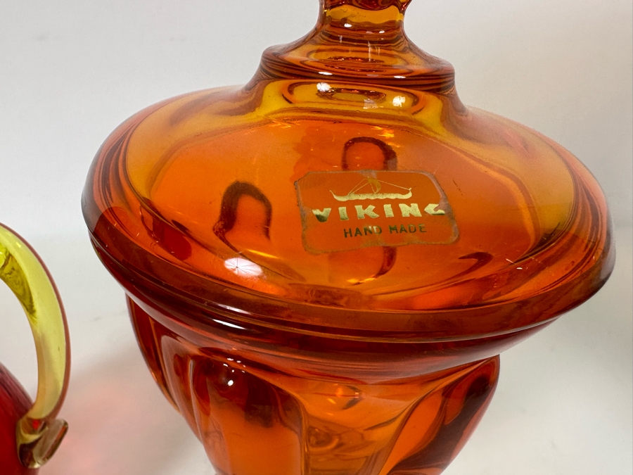 Vintage Mid-Century Glass Pitcher And Viking Orange Glass Footed Candy Dish With Lid 8H [Photo 6]