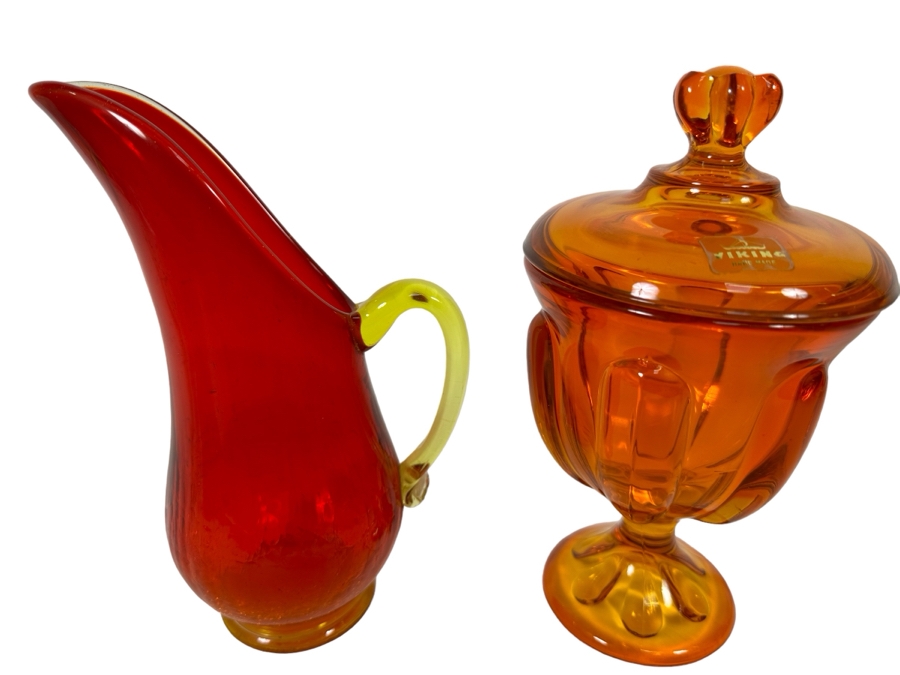 Vintage Mid-Century Glass Pitcher And Viking Orange Glass Footed Candy Dish With Lid 8H