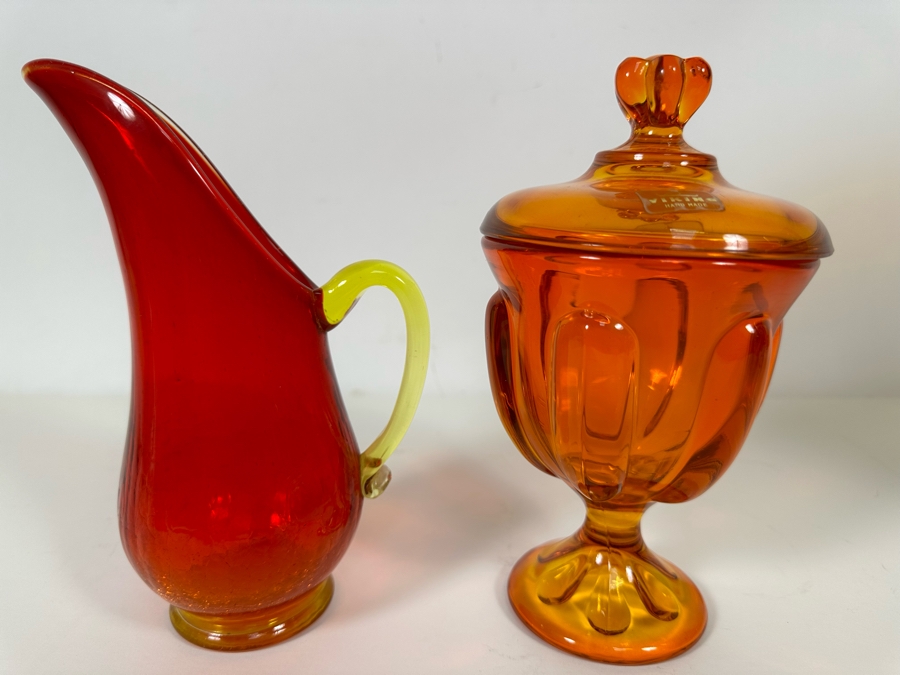 Vintage Mid-Century Glass Pitcher And Viking Orange Glass Footed Candy Dish With Lid 8H [Photo 2]