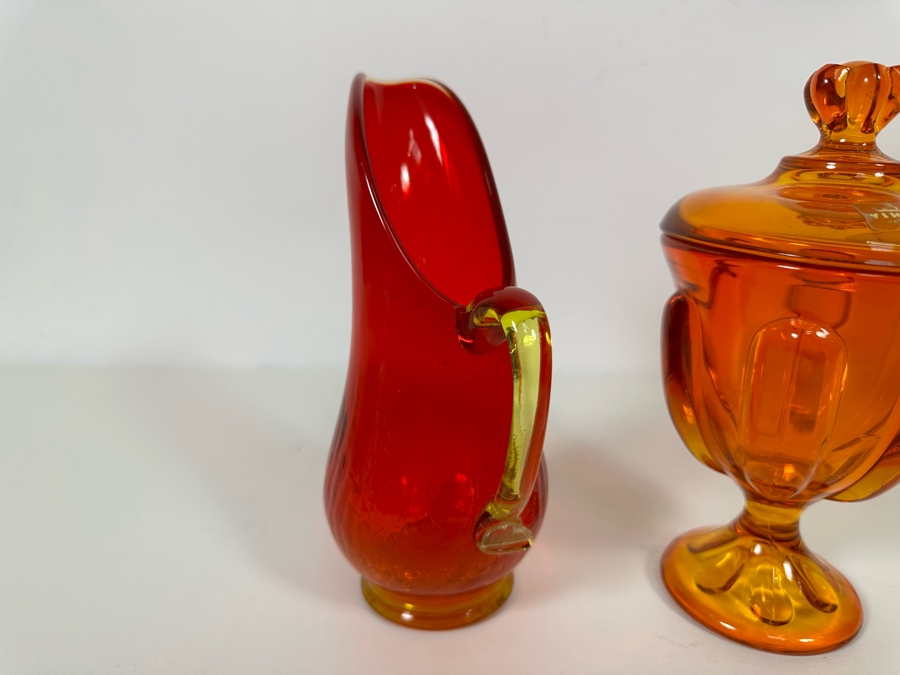 Vintage Mid-Century Glass Pitcher And Viking Orange Glass Footed Candy Dish With Lid 8H [Photo 9]