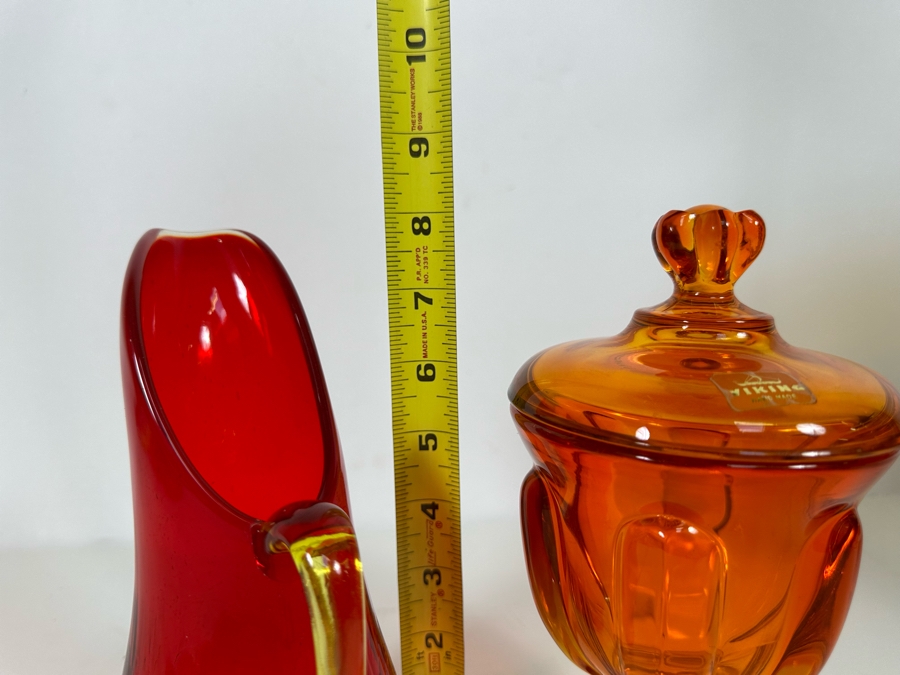 Vintage Mid-Century Glass Pitcher And Viking Orange Glass Footed Candy Dish With Lid 8H [Photo 10]