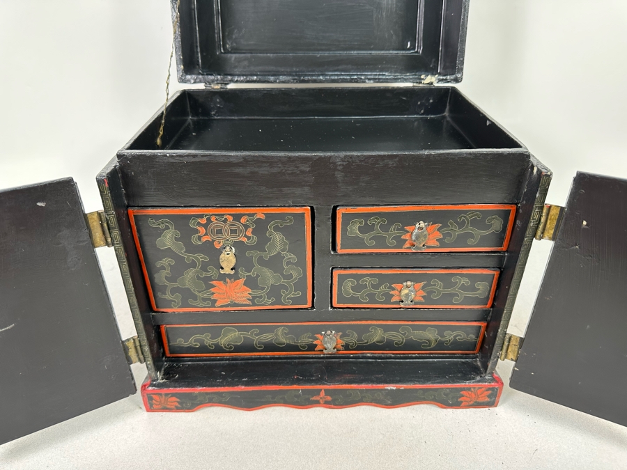 Vintage Chinese Hand Painted Wooden Jewelry Box With Brass Hardware 13 ...