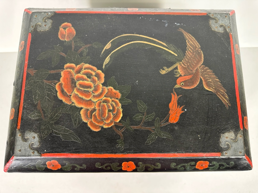 Vintage Chinese Hand Painted Wooden Jewelry Box With Brass Hardware 13.5W X 10D X 13H [Photo 6]