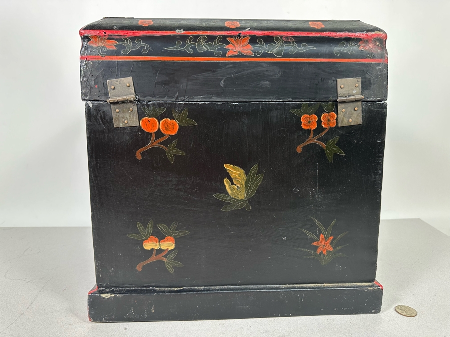Vintage Chinese Hand Painted Wooden Jewelry Box With Brass Hardware 13.5W X 10D X 13H [Photo 12]