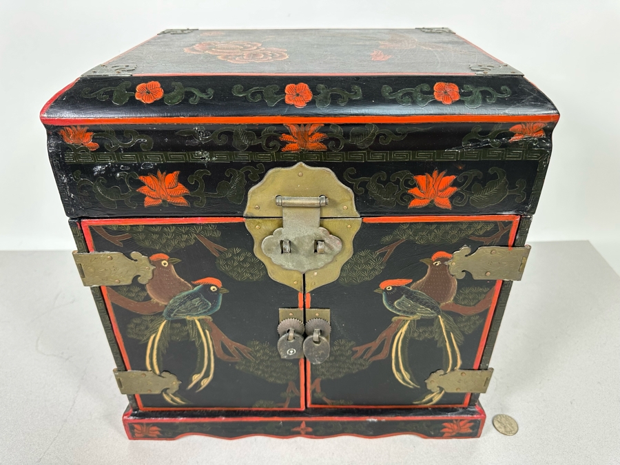 Vintage Chinese Hand Painted Wooden Jewelry Box With Brass Hardware 13.5W X 10D X 13H [Photo 4]