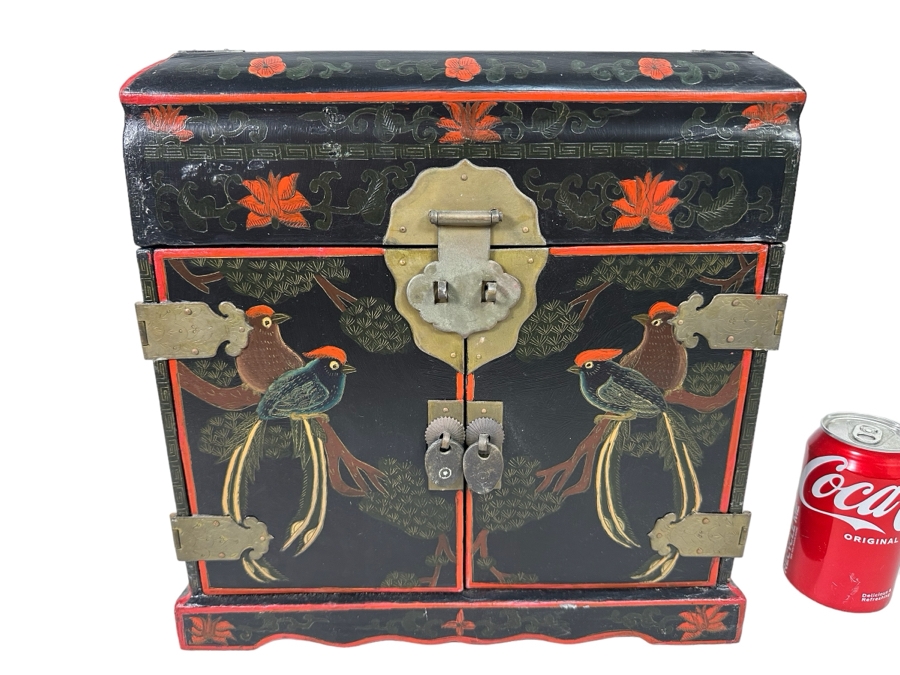 Vintage Chinese Hand Painted Wooden Jewelry Box With Brass Hardware 13.5W X 10D X 13H
