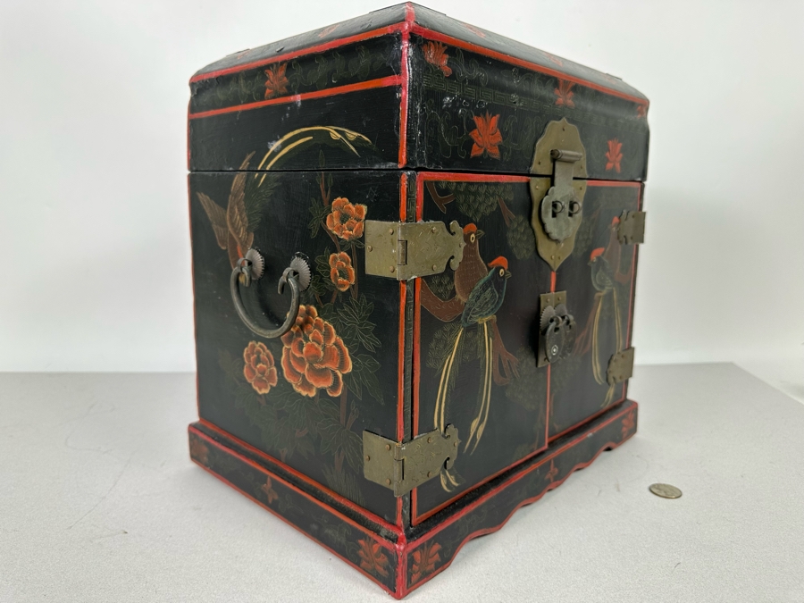 Vintage Chinese Hand Painted Wooden Jewelry Box With Brass Hardware 13.5W X 10D X 13H [Photo 11]