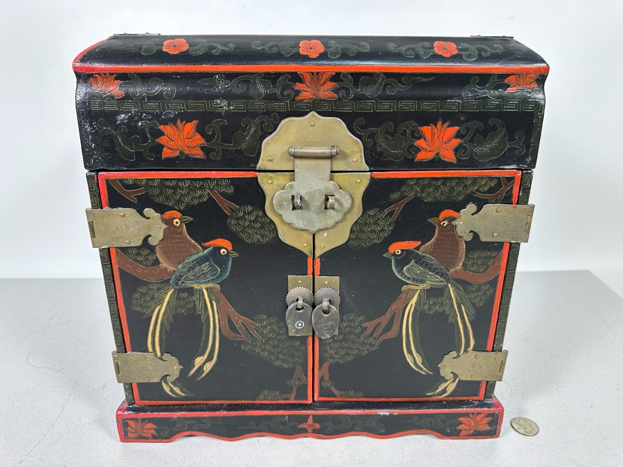 Vintage Chinese Hand Painted Wooden Jewelry Box With Brass Hardware 13.5W X 10D X 13H [Photo 3]