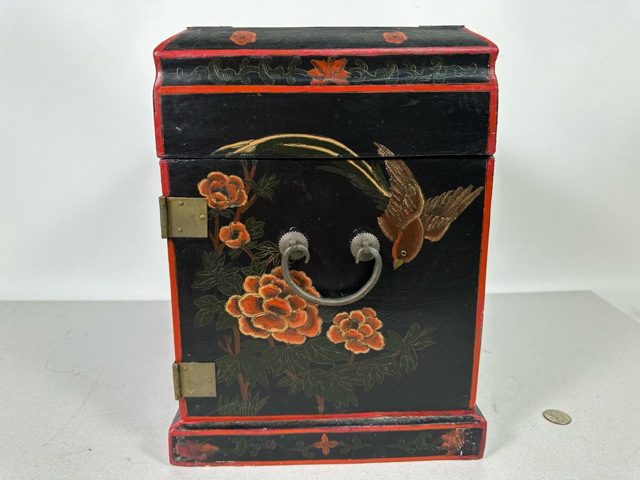 Vintage Chinese Hand Painted Wooden Jewelry Box With Brass Hardware 13 ...