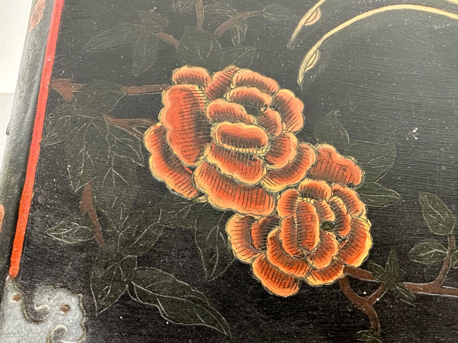 Vintage Chinese Hand Painted Wooden Jewelry Box With Brass Hardware 13.5W X 10D X 13H [Photo 7]