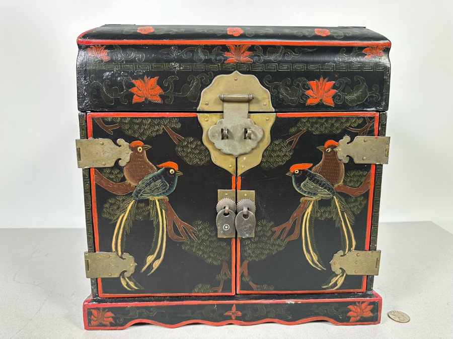 Vintage Chinese Hand Painted Wooden Jewelry Box With Brass Hardware 13.5W X 10D X 13H [Photo 10]
