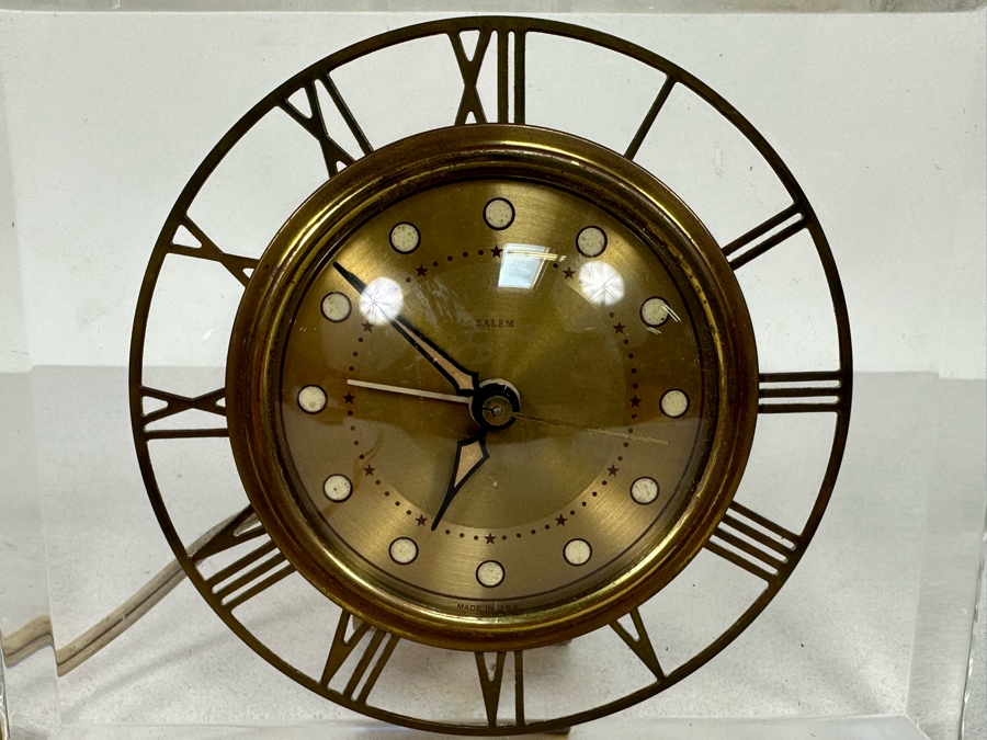 Vintage Lucite And Brass Desk Clock By Salem Working 7.5W X 6H X 3D [Photo 4]