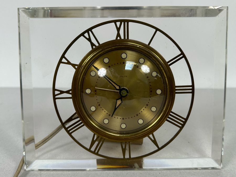 Vintage Lucite And Brass Desk Clock By Salem Working 7.5W X 6H X 3D [Photo 2]