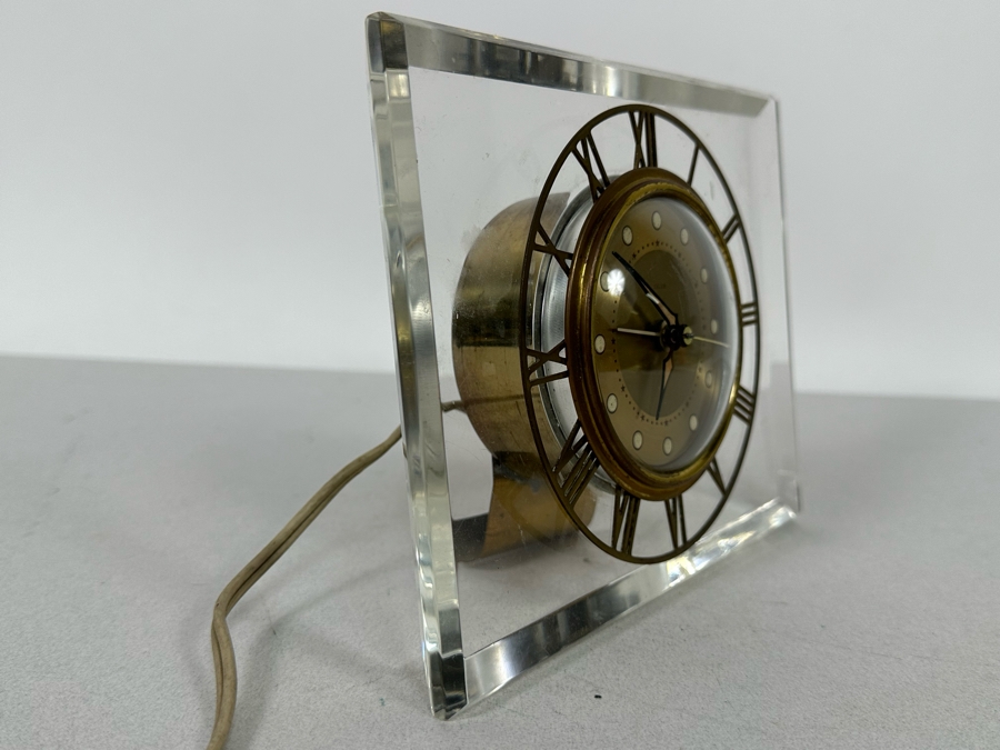 Vintage Lucite And Brass Desk Clock By Salem Working 7.5W X 6H X 3D [Photo 6]