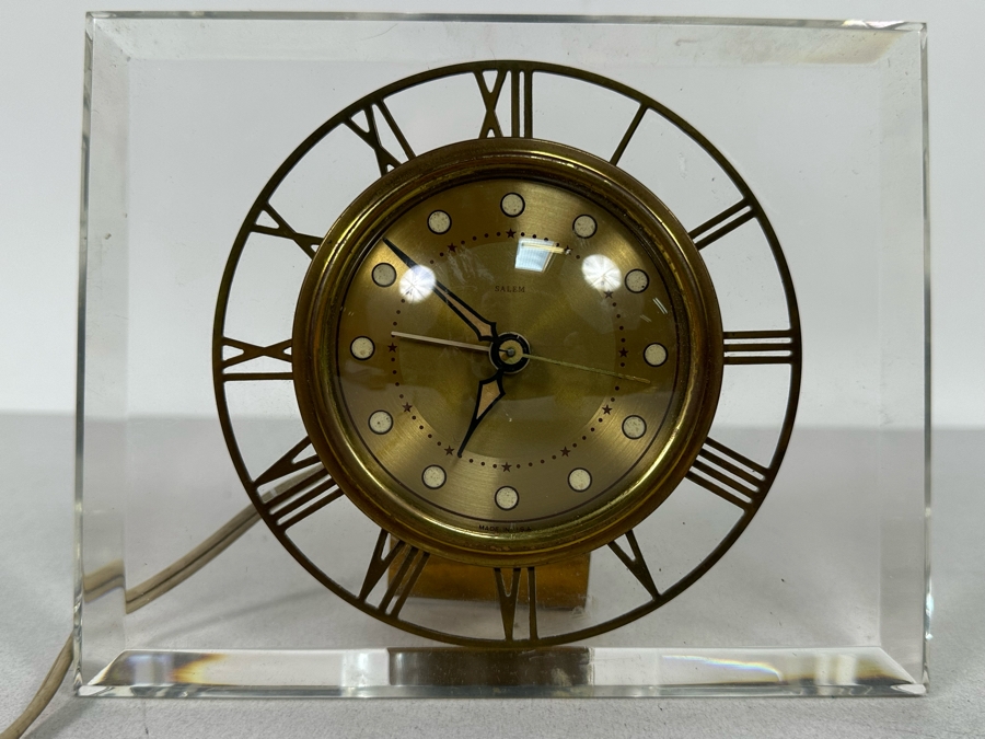Vintage Lucite And Brass Desk Clock By Salem Working 7.5W X 6H X 3D [Photo 3]