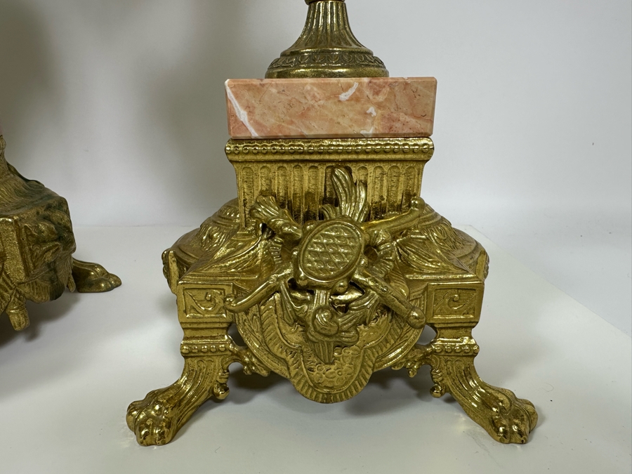 Vintage Two-Tone Bronze & Marble Three-Piece Garniture Set Featuring Imperial Franz Hermle Mantel Clock 24H And Pair Of Candelabras 26H - Clock Needs Servicing [Photo 9]