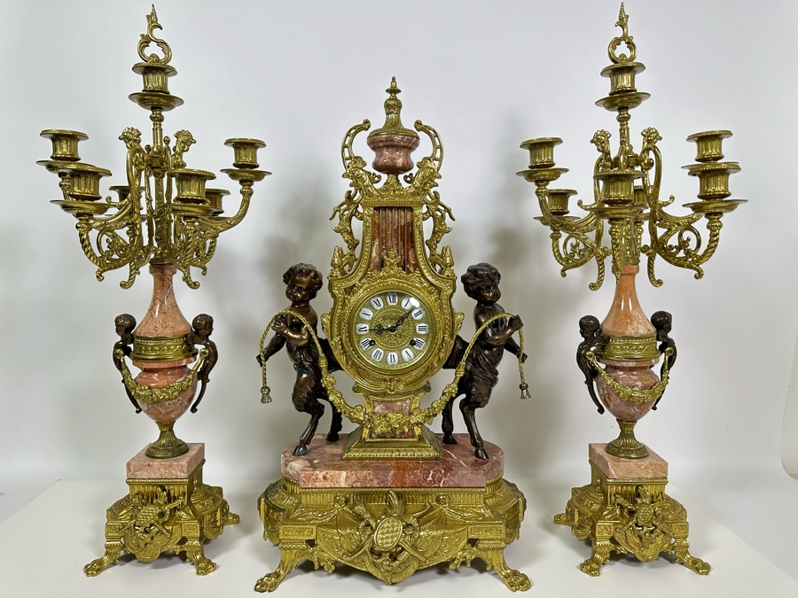 Vintage Two-Tone Bronze & Marble Three-Piece Garniture Set Featuring Imperial Franz Hermle Mantel Clock 24H And Pair Of Candelabras 26H - Clock Needs Servicing [Photo 3]